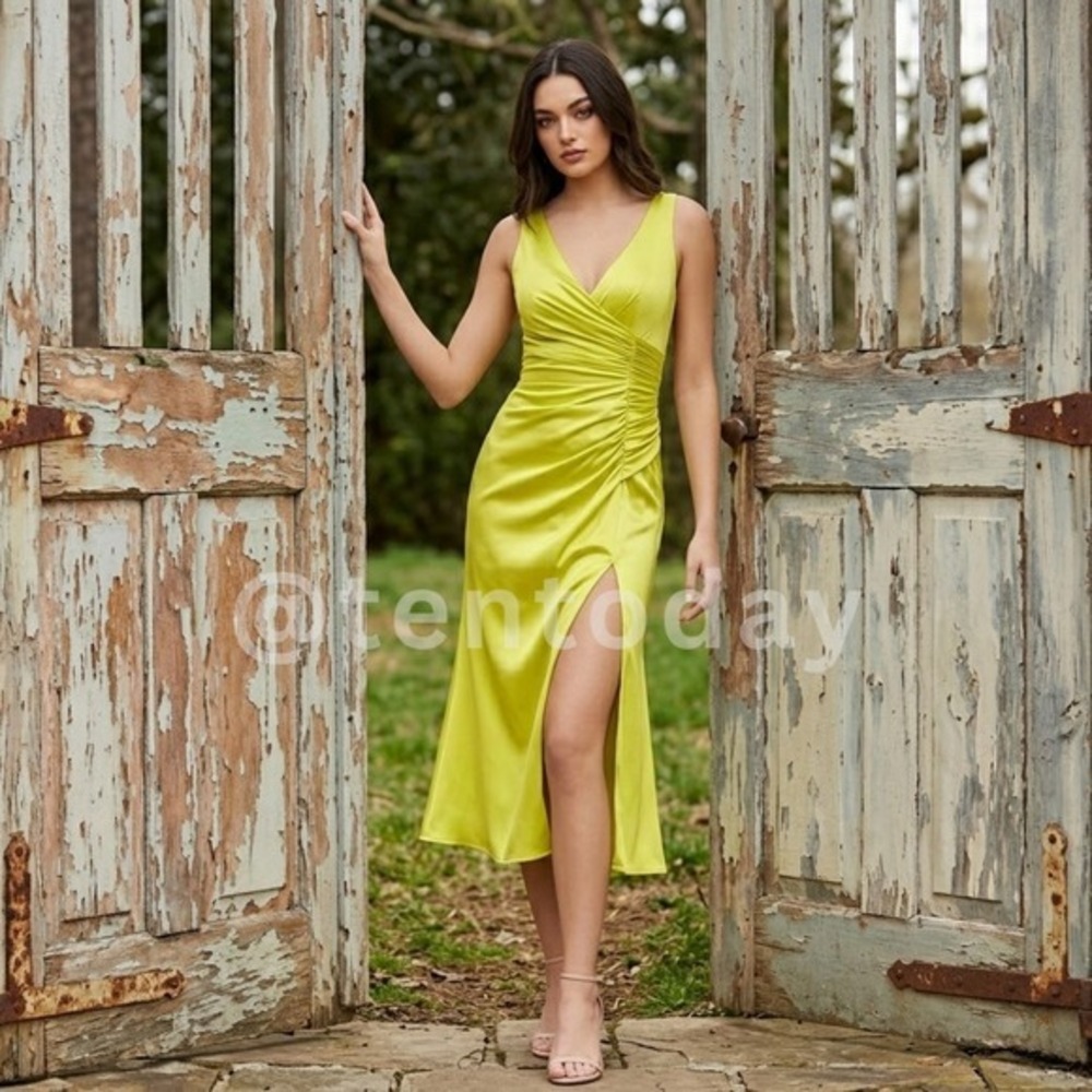 Mac Duggal Size 14 Citrine Yellow Satin Ruched V-Neck Midi Cocktail Party Dress